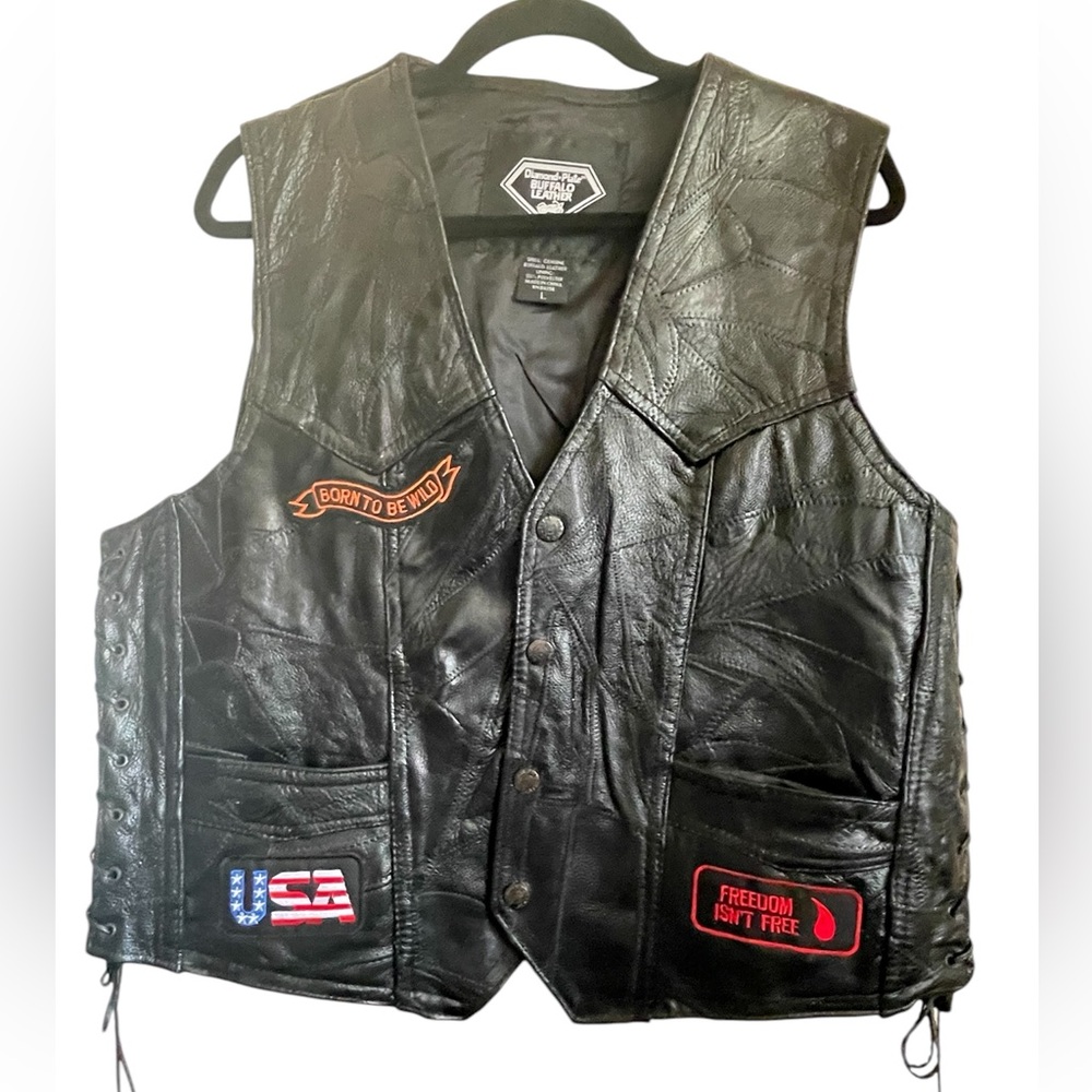 Black Diamond Men's 100% Genuine Buffalo Leather Biker Motorcycle Vest - L